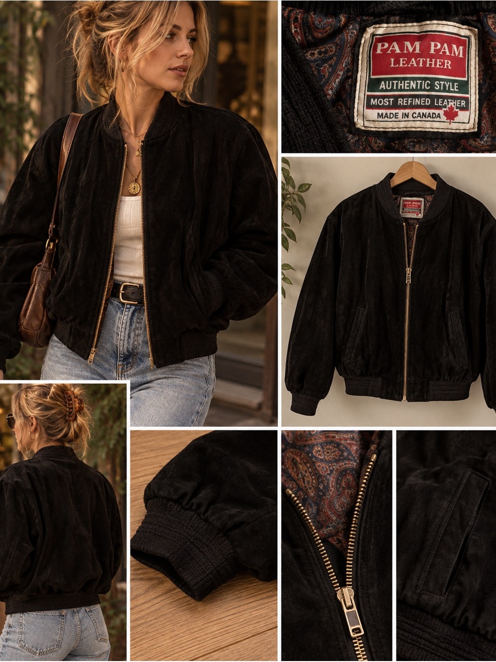 Vintage PAM PAM Black Suede Bomber Jacket – Made in Canada – Fall Jacket 🍂